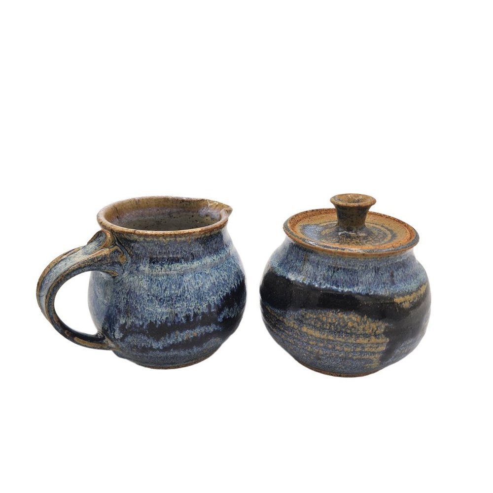 Hand Made Pottery Sugar with Lid and Creamer Set Blue Brown Rustic Clay Artisan